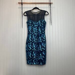 Belle Badgley Mischka Blue Turquoise & Black Sequin Mini Sheath Dress Size 2